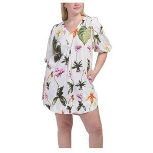 CYNTHIA ROWLEY NWT "Botanical" Sht Sleeve Linen Blend Mini Dress, Ivory/Multi L